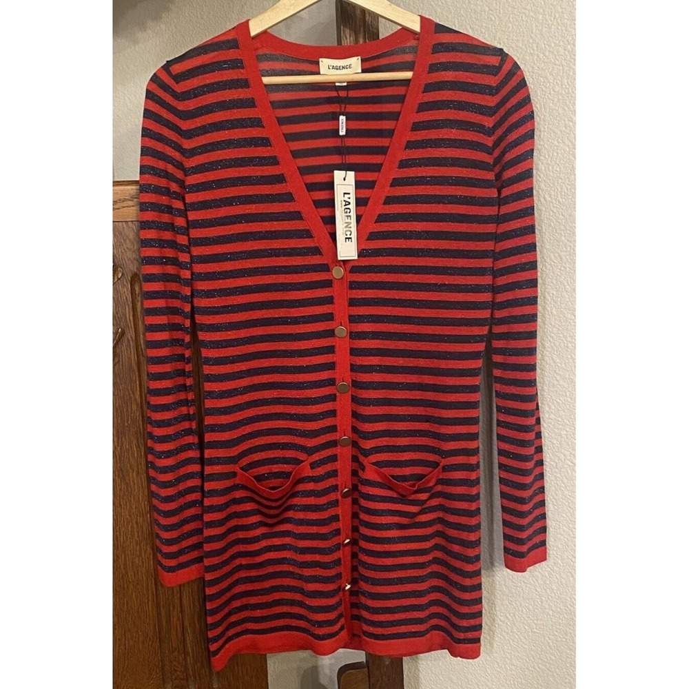 NWT L'AGENCE Cardigan Womens XS Holland Shimmer Red Navy Stripes